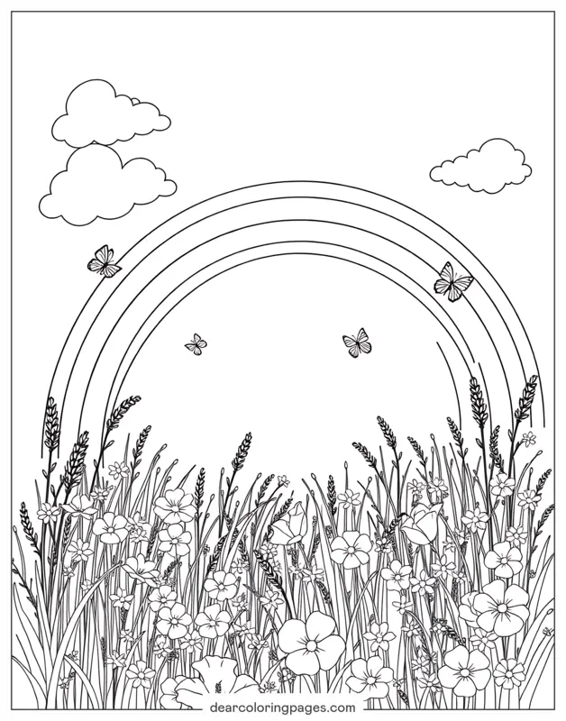 Primavera Dibujo para Colorear - Escena de primavera con arcoíris