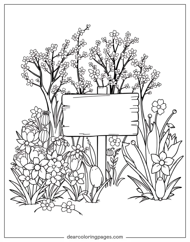Primavera Dibujo para Colorear - Jardín de primavera con un cartel en blanco