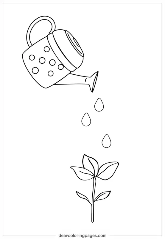 Primavera Dibujo para Colorear - Jardín de Primavera Cuidado: Regadera y Plántula Dibujo para Colorear