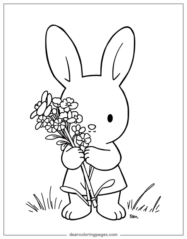 Primavera Dibujo para Colorear - Conejo sosteniendo ramo de flores