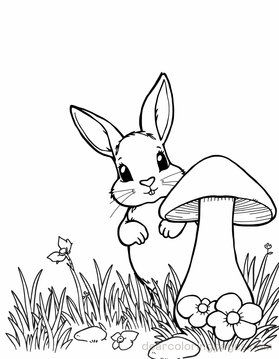 Spring Bunny Peeking from Behind Mushroom