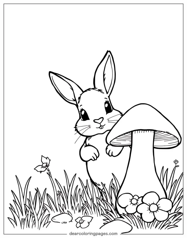 Bunny Coloring Page - Spring Bunny Peeking From Behind Mushroom