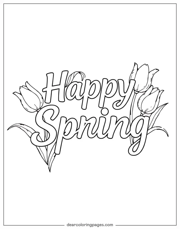 Primavera Dibujo para Colorear - Feliz primavera con tulipanes