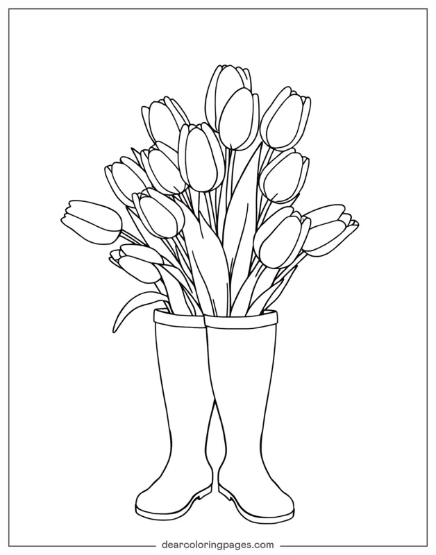 Tulipano Disegno da Colorare - Bouquet di tulipani in stivali da pioggia