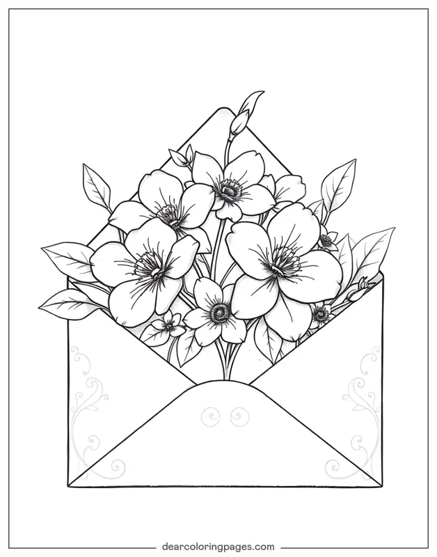 Primavera Dibujo para Colorear - Flores delicadas de un sobre abierto