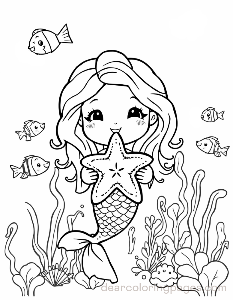 Sereia Desenho para Colorir - Sereia Chibi segurando uma estrela do mar