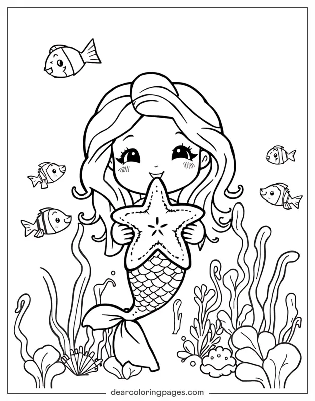 Sereia Desenho para Colorir - Desenho para Colorir de Sereia Chibi Segurando uma Estrela-do-Mar