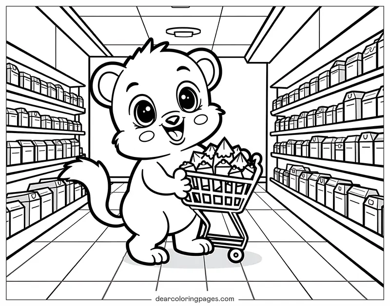 Coloriage de Magasin – Coloriage d'ours Mignon Faisant du Shopping en Magasin