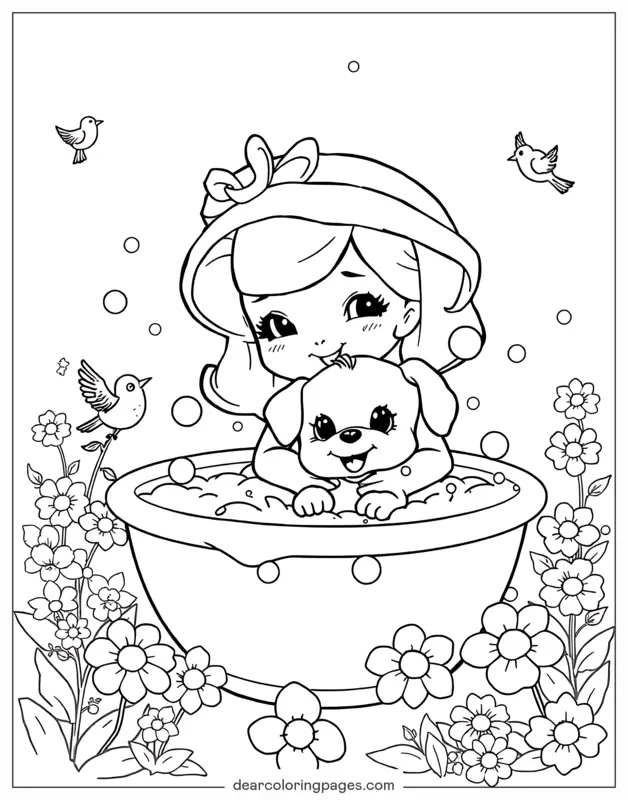 Puppy Coloring Page - Strawberry Shortcake Bathing Her Puppy