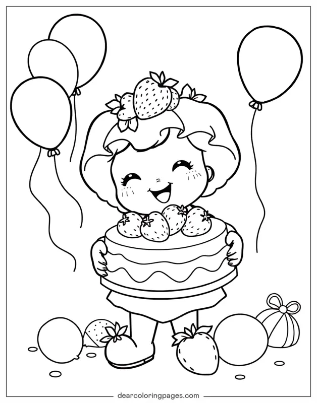 Alles Gute zum Geburtstag Ausmalbild - Erdbeerkuchen feiert Geburtstag