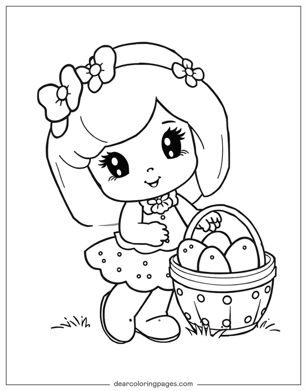 Coloriage de Gâteau aux fraises – Gâteau aux fraises avec un panier d'œufs de Pâques