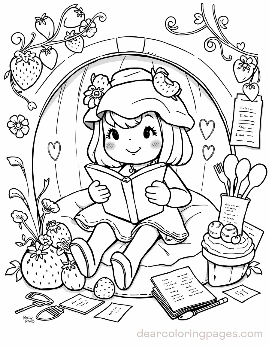 Cozy Coloring Page - Strawberry Shortcake Sitting in a Cozy Nook