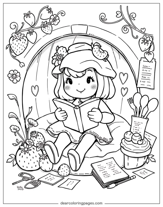 Coloriage de Cocooning – Gâteau aux fraises assis dans un coin douillet