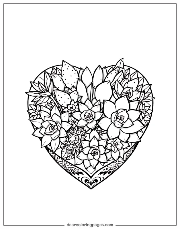 Succulenta Disegno da Colorare - Succulente in contenitore a forma di cuore