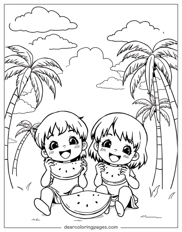 Verano Dibujo para Colorear - Niños comiendo sandía en un día de verano.