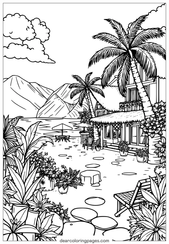 Verano Dibujo para Colorear - Dibujo para Colorear de Resort de Verano para Adultos