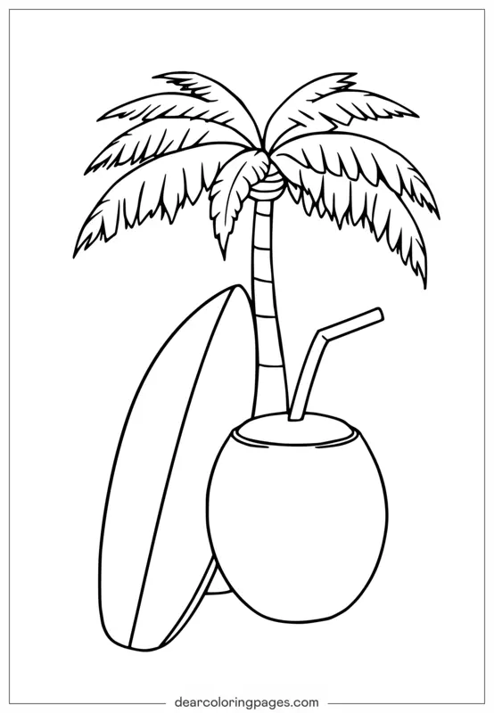Verano Dibujo para Colorear - Dibujo para Colorear de Diversión de Verano - Tabla de Surf, Coco y Palma