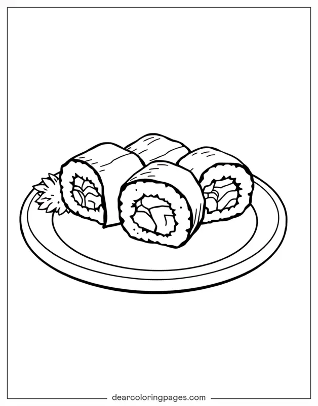Sushi Ausmalbild - Sushi-Rollen auf einem Teller