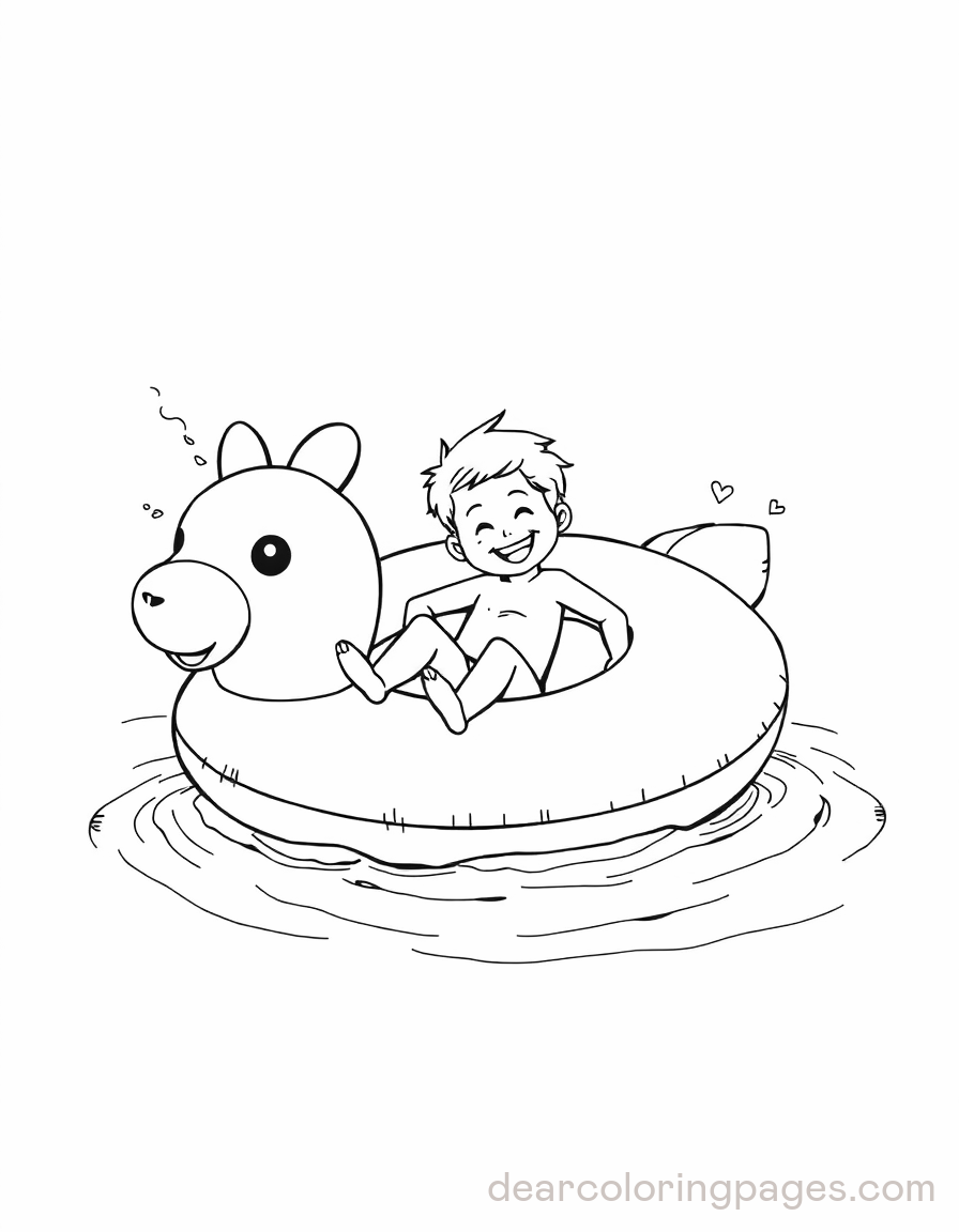 Swimming Coloring Page - Kid Relaxing on Inflatable in Swimming Pool