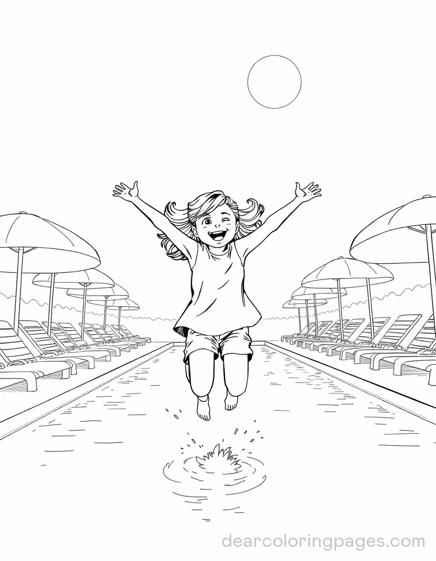 Swimming Coloring Page - Girl Plunging into Swimming Pool