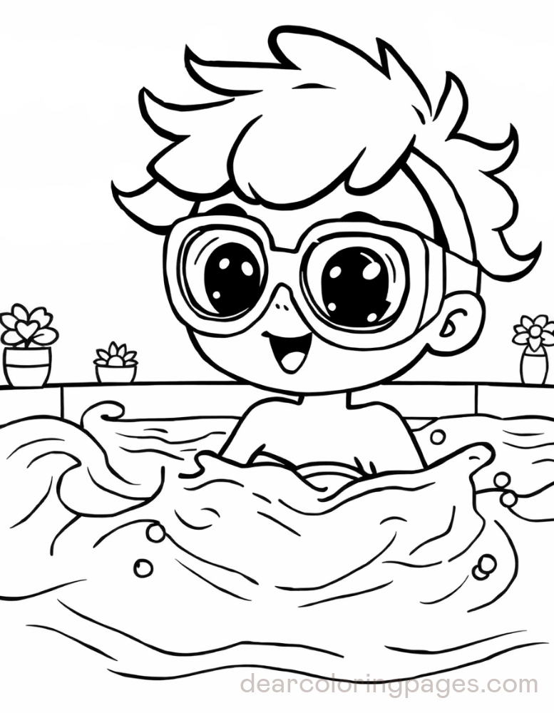 Swimming Coloring Page - Kid with Oversized Swim Goggles in Swimming Pool