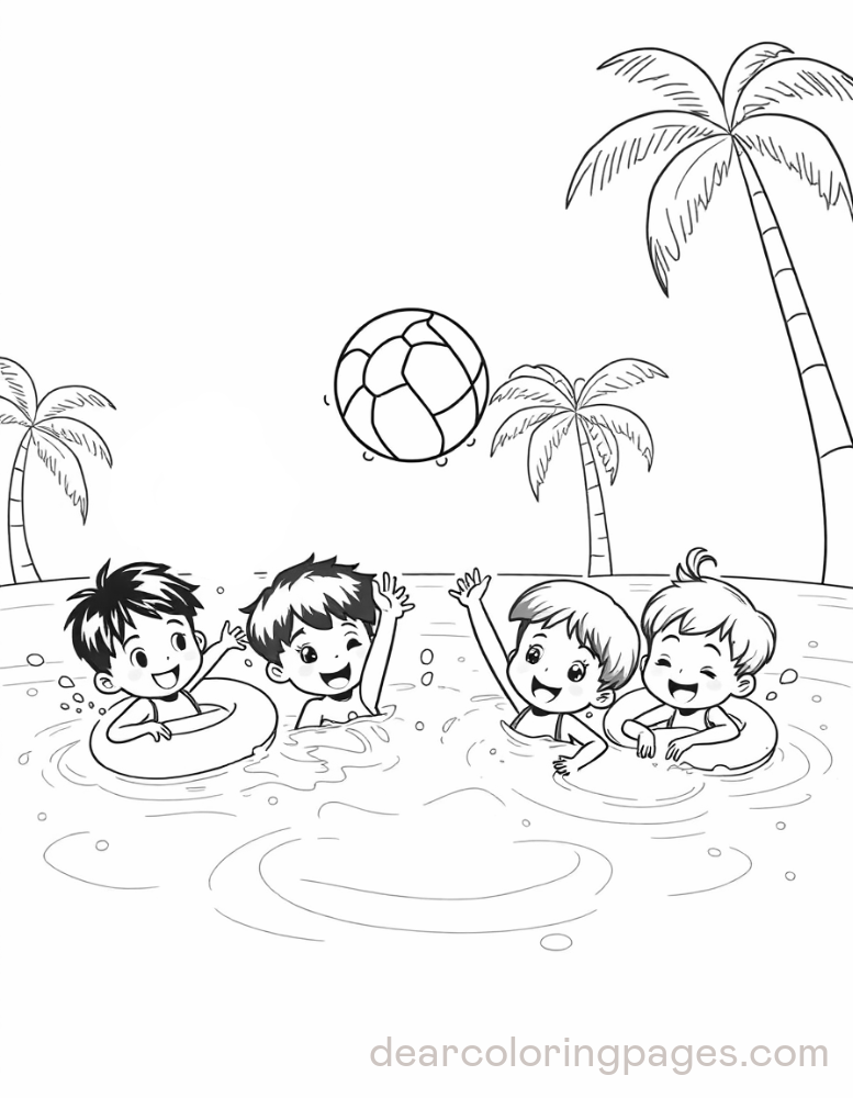 Swimming Coloring Page - Group of Kids Playing in a Pool