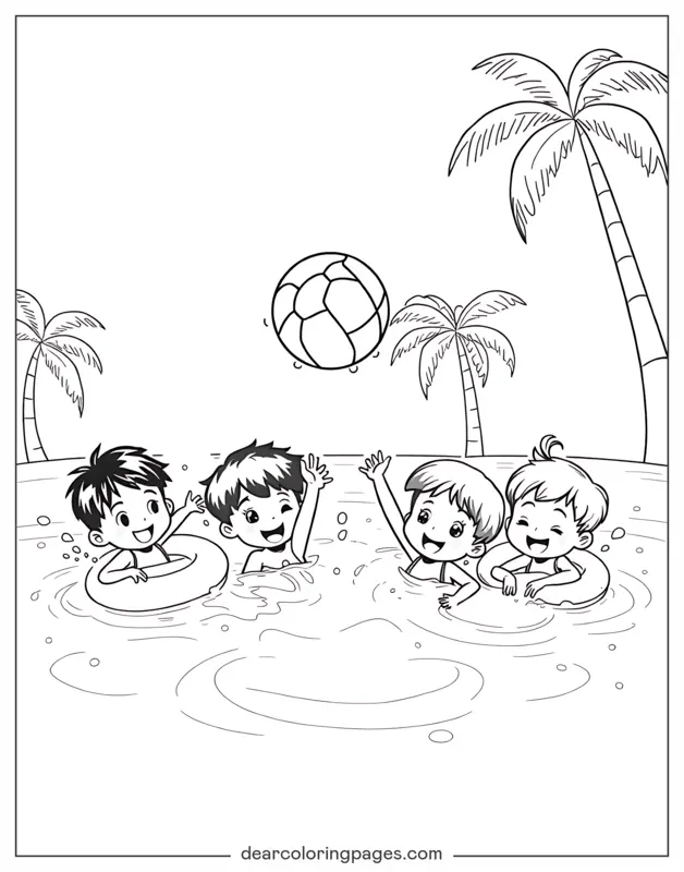 Schwimmen Ausmalbild - Gruppe von Kindern, die in einem Pool spielen