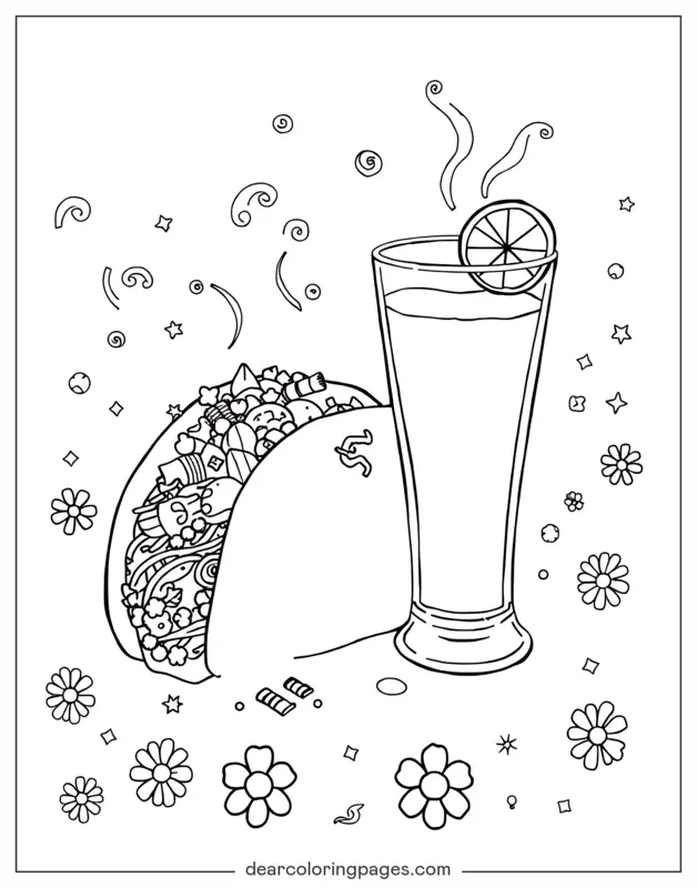 Taco Coloring Page - Detailed Taco and a Glass of Water