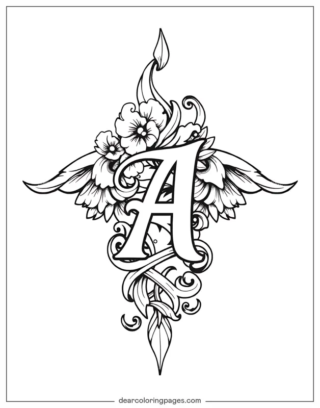 Tattoo Ausmalbild - Tattoo-Design mit dem Buchstaben A