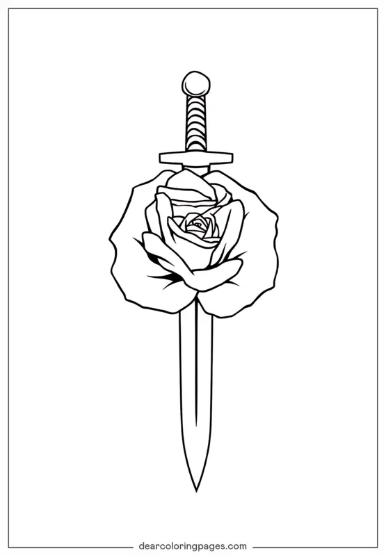 Tattoo Ausmalbild - Schwert und Rose Tattoo Ausmalbild