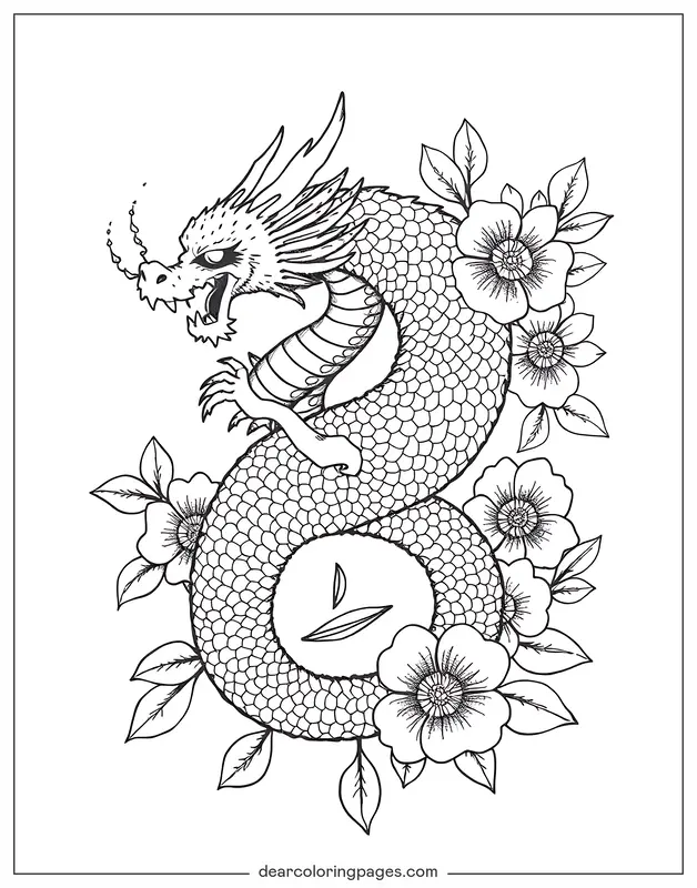 Blume Ausmalbild - Ausmalbild Drachen Tattoo Design mit Blumenelementen