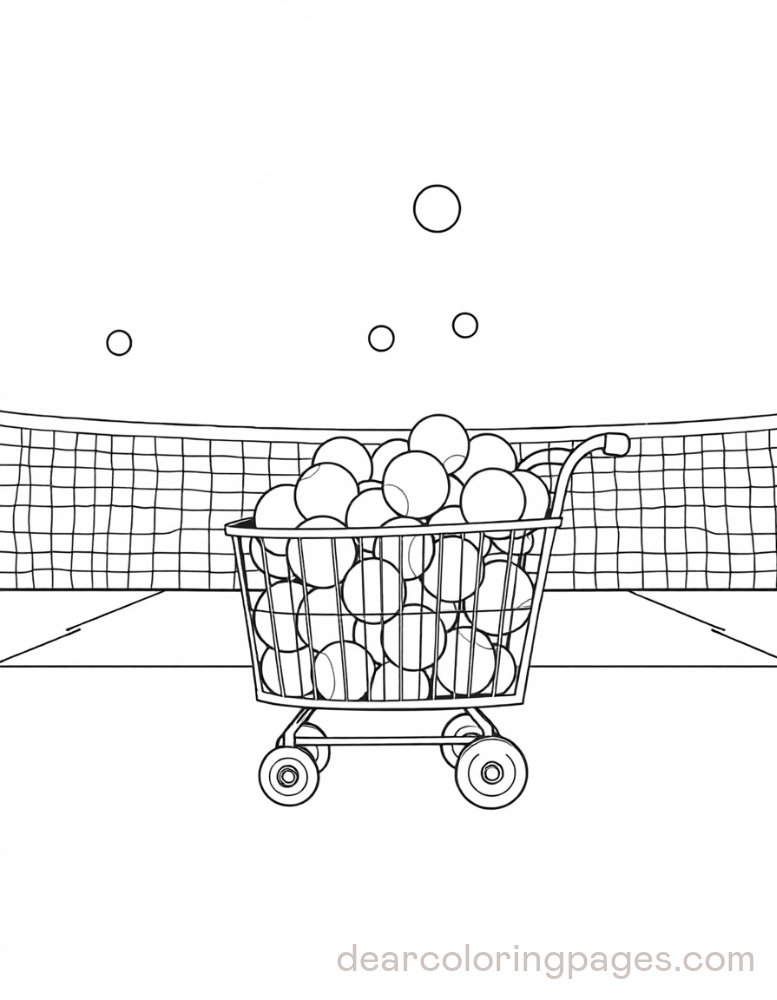 Tennis Coloring Page - Tennis Ball Basket on Court