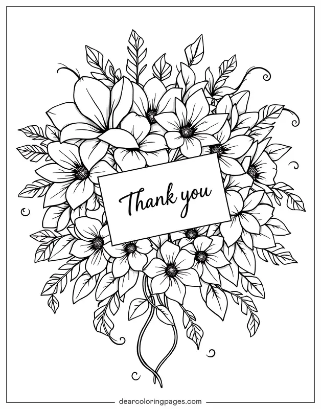 Danke Ausmalbild - Blumenstrauß mit Dankesnote