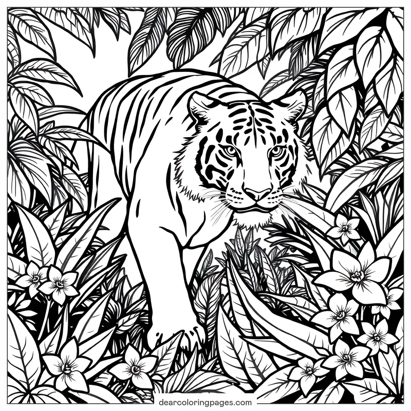 Tiger Coloring Page - Tiger in Jungle Flowers Coloring Page