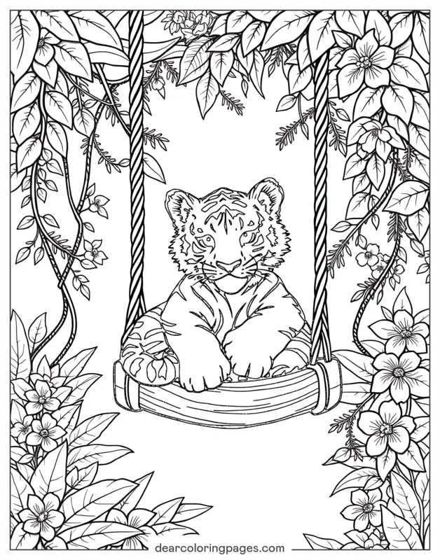Tiger Coloring Page - Tiger Cub on a Swing