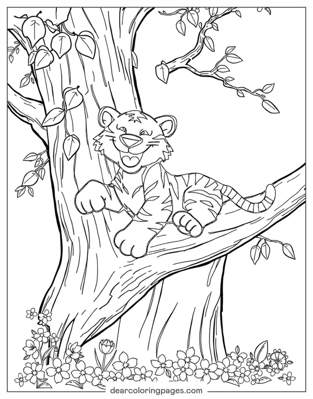 Tiger Coloring Page - Cartoon Tiger on a Tree Branch