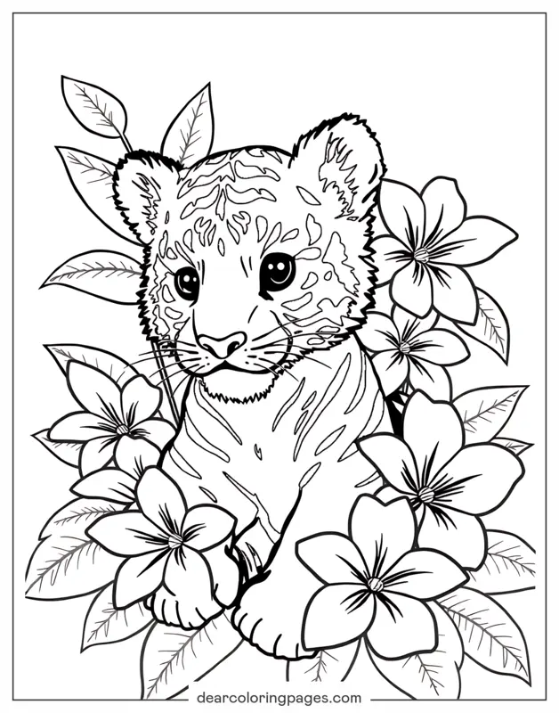 Tiger Coloring Page - Tiger Cub With Flowers