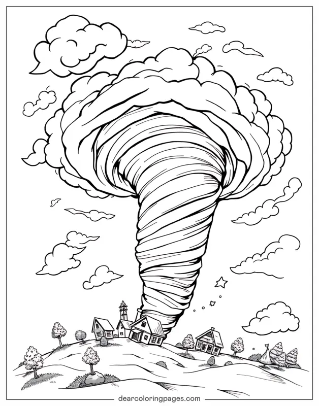 Tornado Coloring Page - Tornado Sweeping Houses
