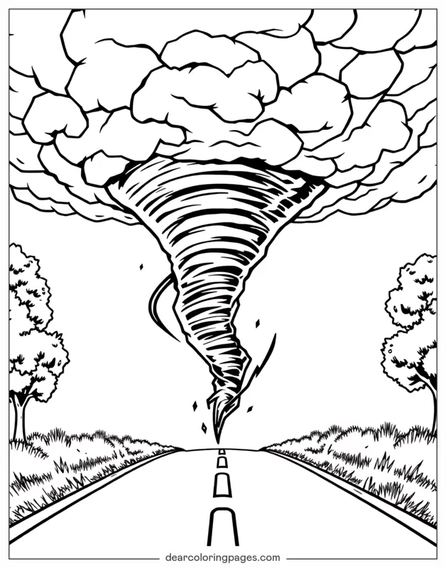 Tornado Coloring Page - Tornado above Road