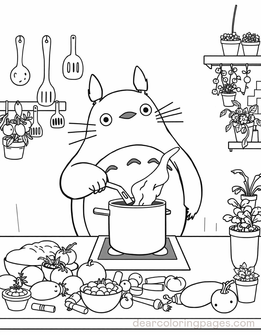 Kitchen Coloring Page - Totoro in Kitchen