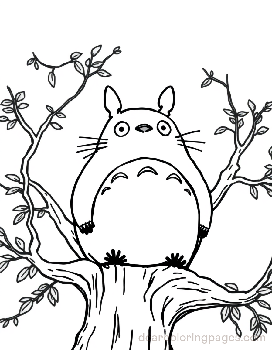 Disegno da Colorare di Totoro in piedi sulla cima dell'albero