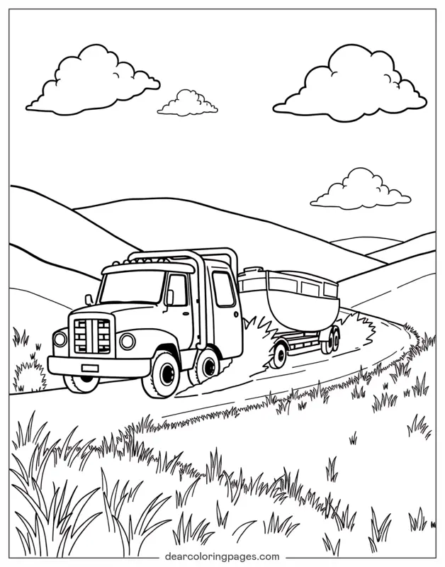 Coloriage de Bateau – Camion de remorquage transportant un bateau