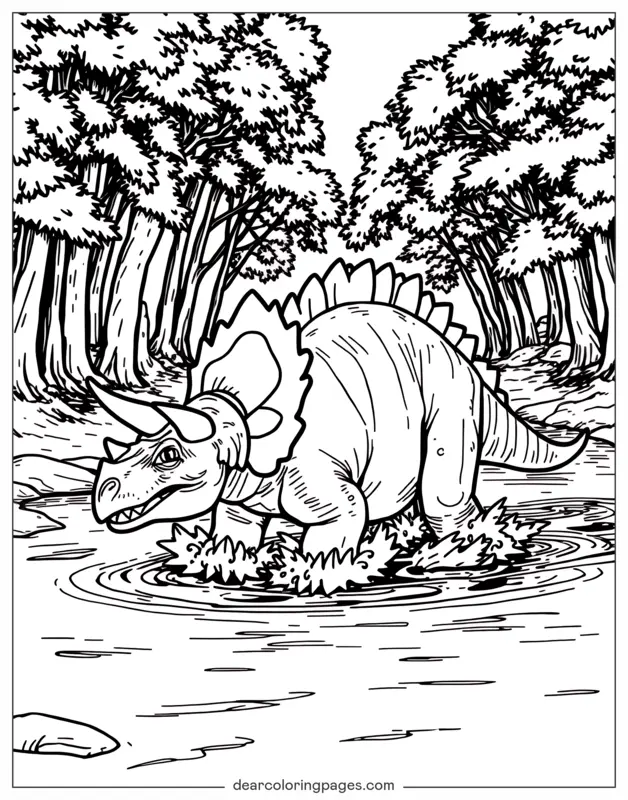 Triceratops Ausmalbild - Triceratops überquert den Fluss