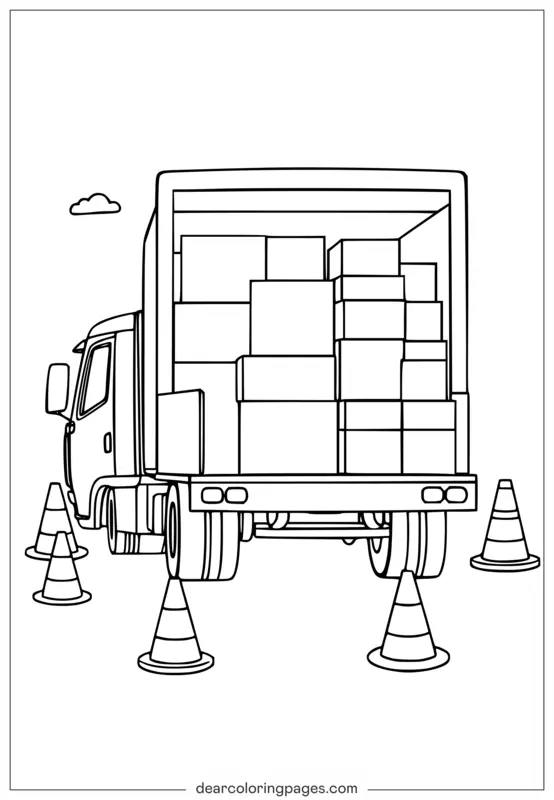 Truck Coloring Page - Loading Truck With Stacks of Boxes to Color