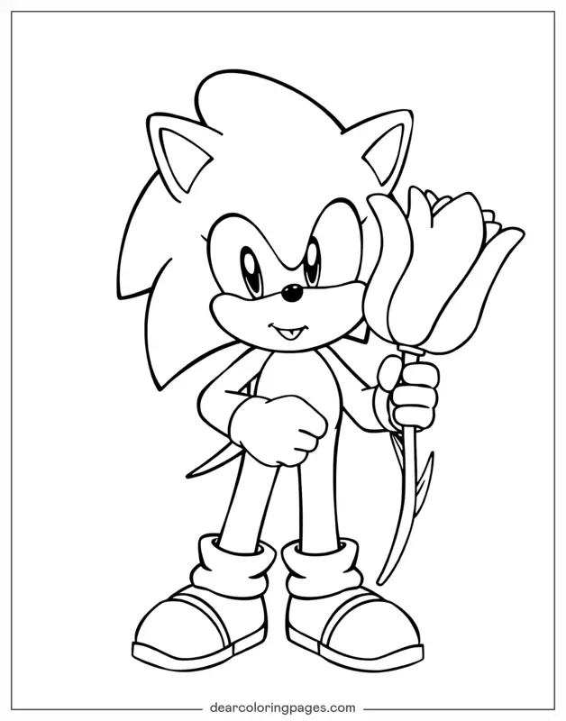 Tulipano Disegno da Colorare - Sonic il Riccio che tiene un Tulipano
