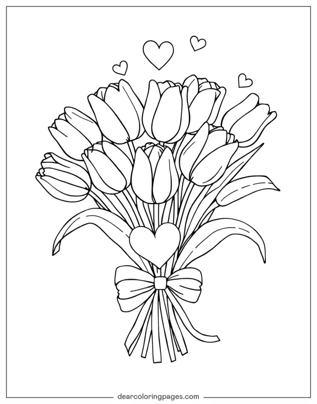 Tulipano Disegno da Colorare - Bouquet di tulipani con cuori