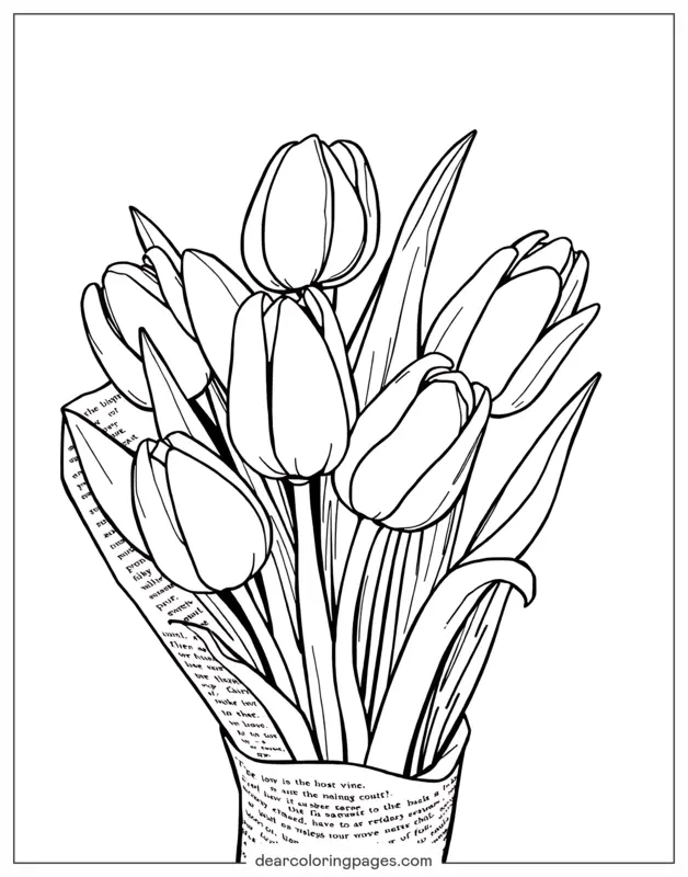 Tulipano Disegno da Colorare - Bouquet di tulipani avvolto nel giornale