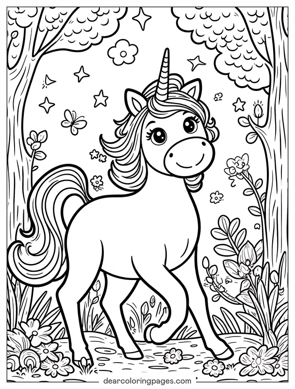 Unicórnio Desenho para Colorir - Desenho para Colorir de Unicórnio em uma Floresta Mágica