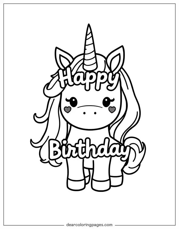 Unicórnio Desenho para Colorir - Unicórnio com Feliz Aniversário