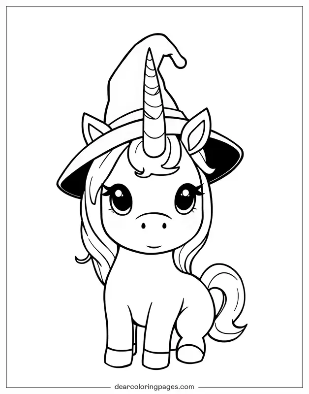 Unicórnio Desenho para Colorir - Unicórnio Usando Chapéu de Bruxa